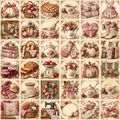 Cozy cottage scenes, quilts, pies, teacups, baskets, cream pumpkins and pink gingham details.
