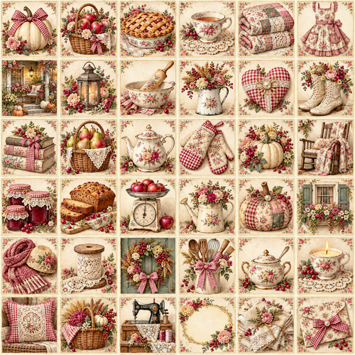 Cozy cottage scenes, quilts, pies, teacups, baskets, cream pumpkins and pink gingham details.