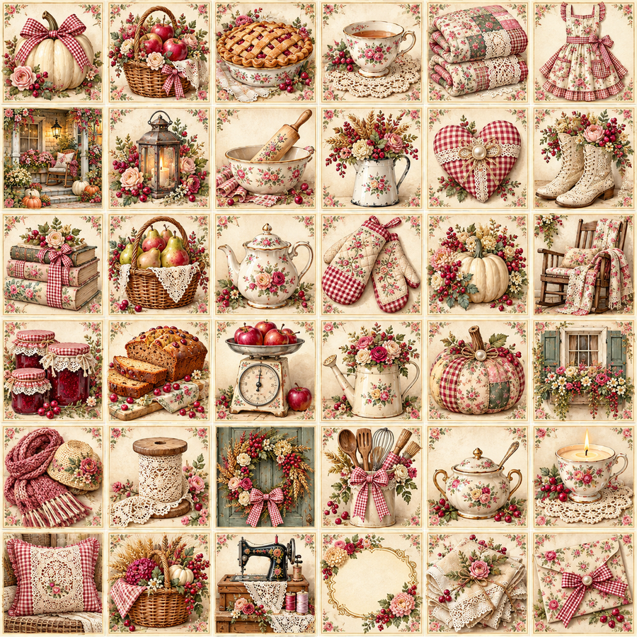 Cozy cottage scenes, quilts, pies, teacups, baskets, cream pumpkins and pink gingham details.