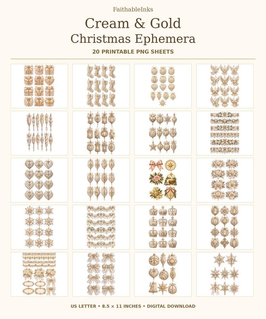 Cream & Gold Christmas Printables — 20 Ephemera Sheets (Instant Download)