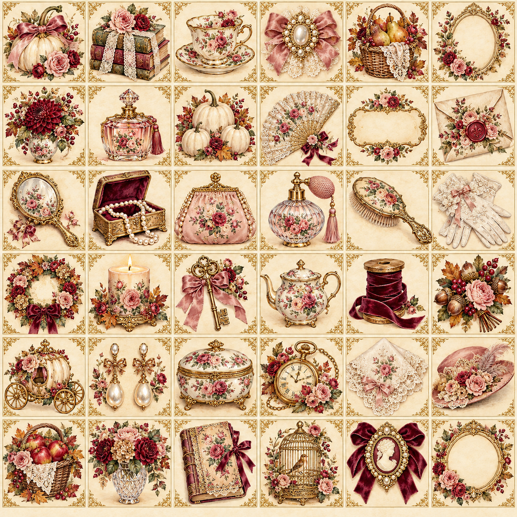 Burgundy and blush roses, cream pumpkins, ornate frames, teacups, lace, pearls and vintage keepsakes.