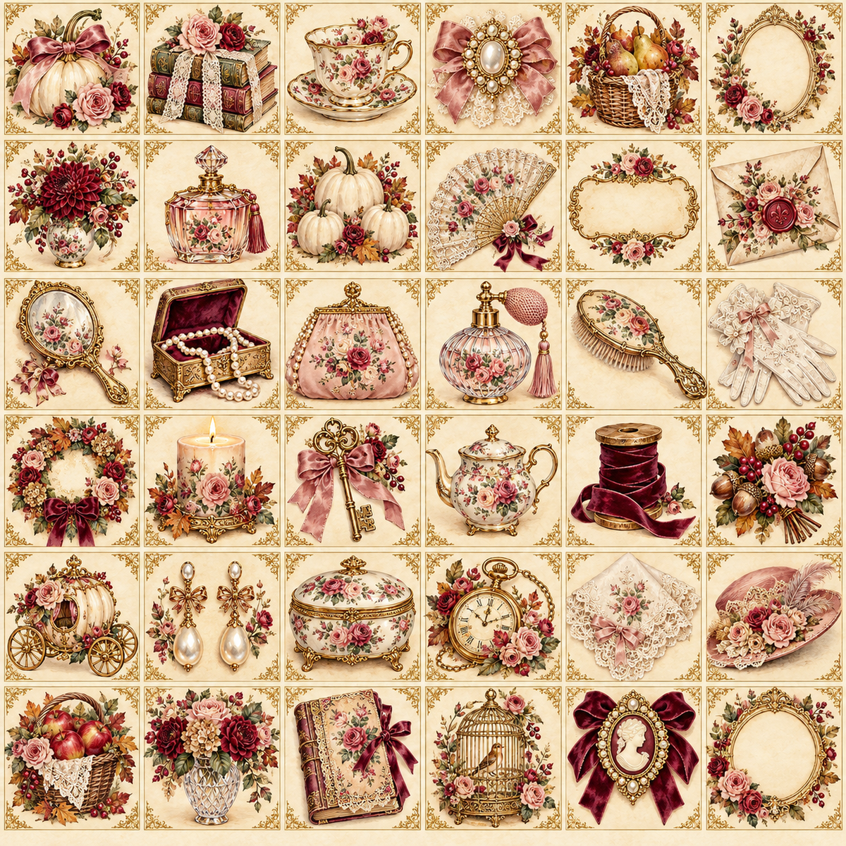 Burgundy and blush roses, cream pumpkins, ornate frames, teacups, lace, pearls and vintage keepsakes.