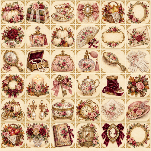 Burgundy and blush roses, cream pumpkins, ornate frames, teacups, lace, pearls and vintage keepsakes.