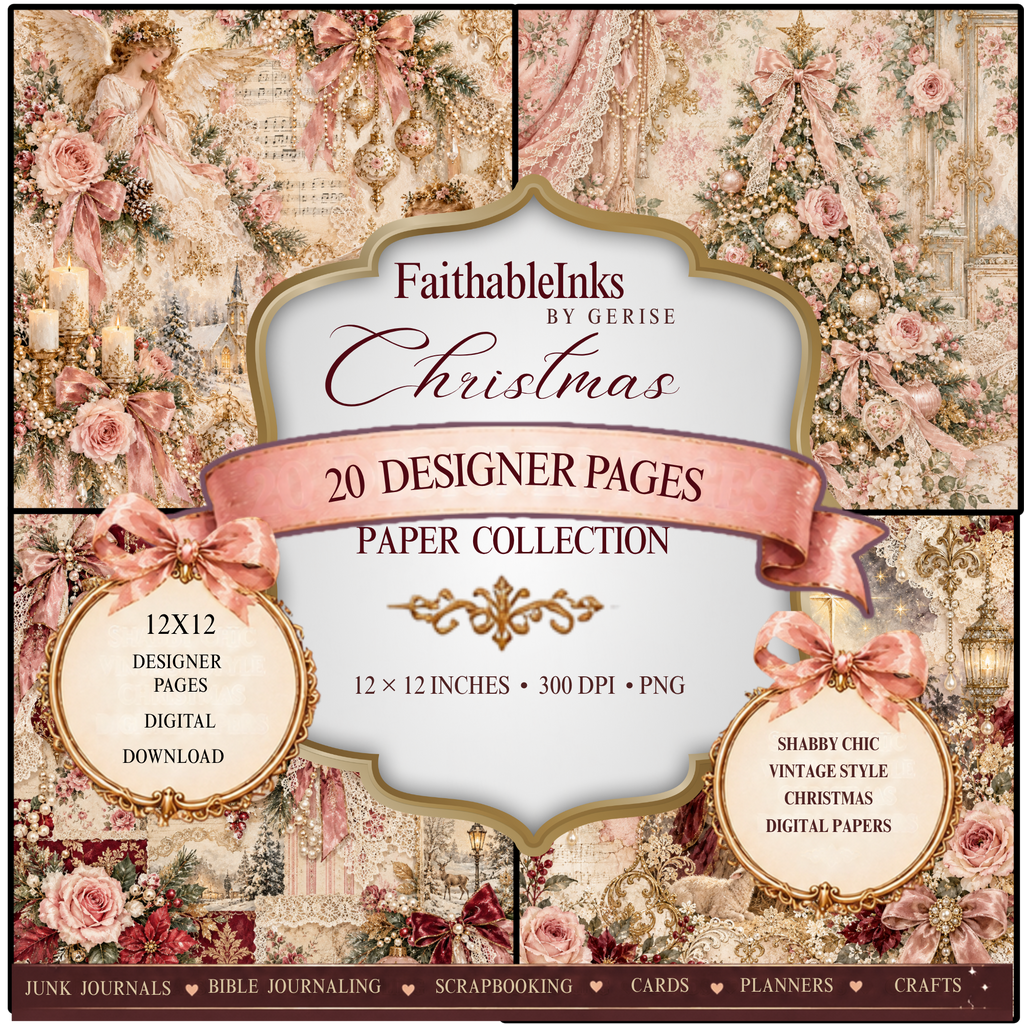 Shabby Chic Pink Christmas Printables — 20 Designer Pages (Instant Download)