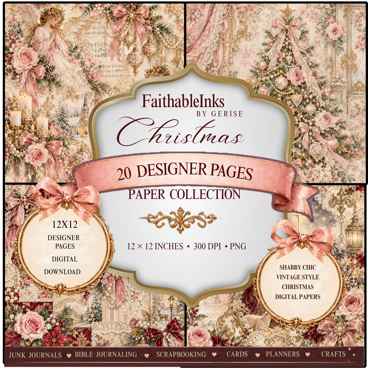 Shabby Chic Pink Christmas Printables — 20 Designer Pages (Instant Download)