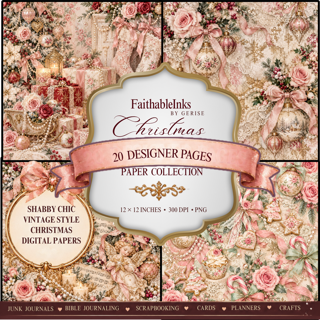 Shabby Chic Pink Christmas Printables — 20 Designer Pages (Instant Download)