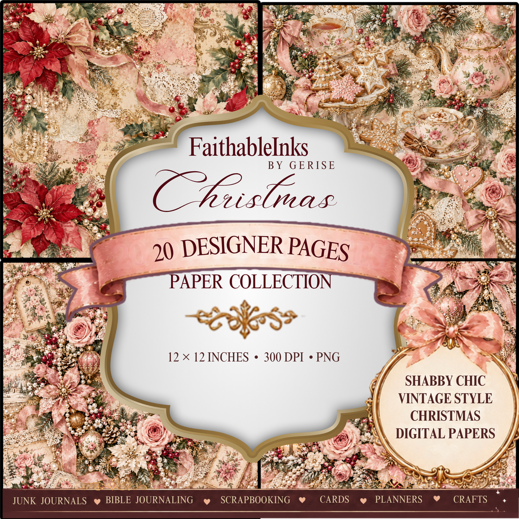 Shabby Chic Pink Christmas Printables — 20 Designer Pages (Instant Download)