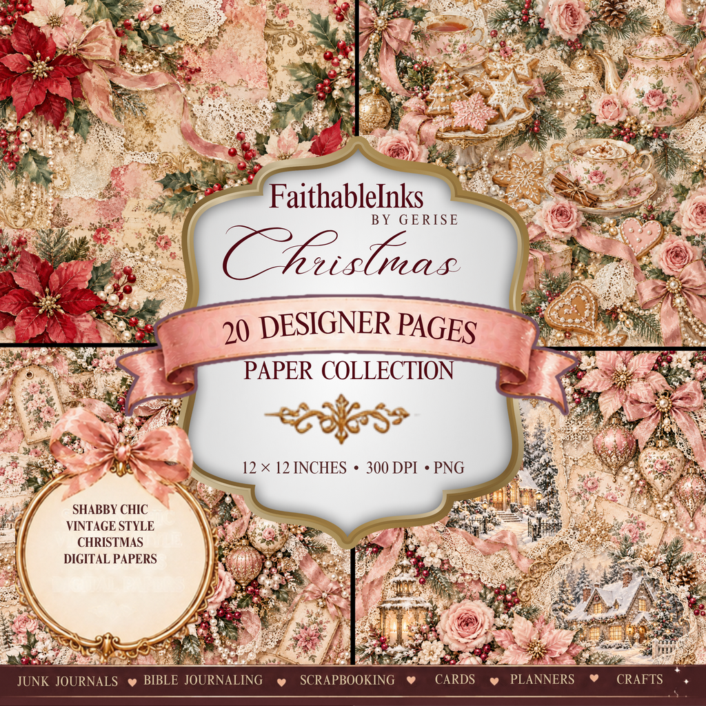 Shabby Chic Pink Christmas Printables — 20 Designer Pages (Instant Download)
