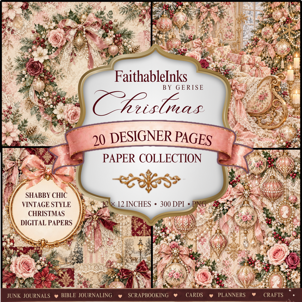 Shabby Chic Pink Christmas Printables — 20 Designer Pages (Instant Download)