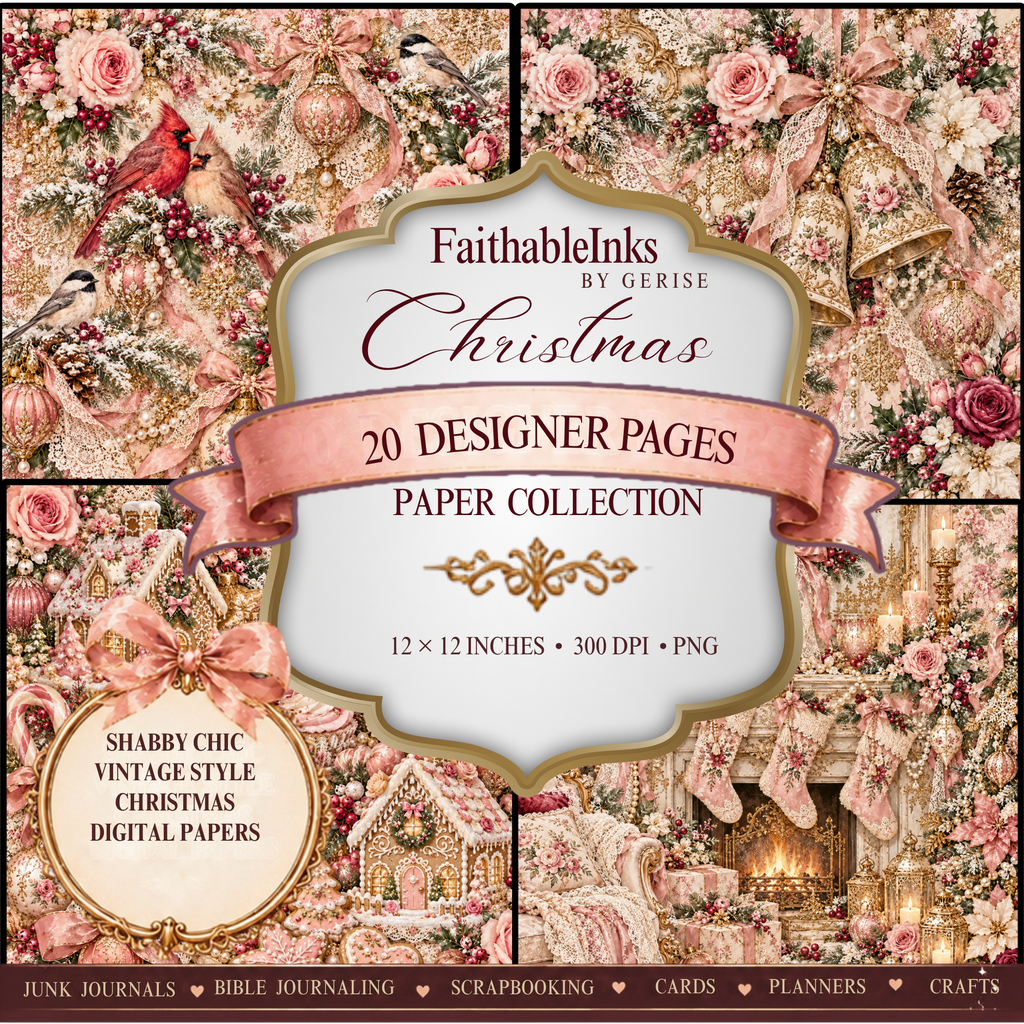 Shabby Chic Pink Christmas Printables — 20 Designer Pages (Instant Download)