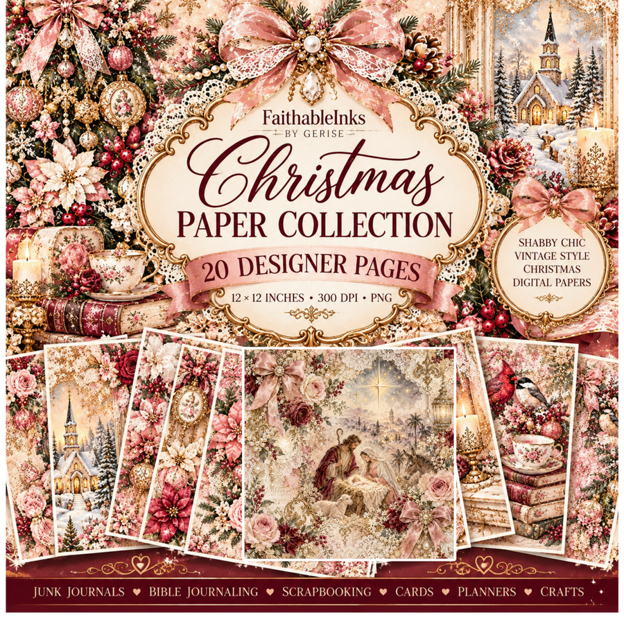 Shabby Chic Pink Christmas Printables — 20 Designer Pages (Instant Download)