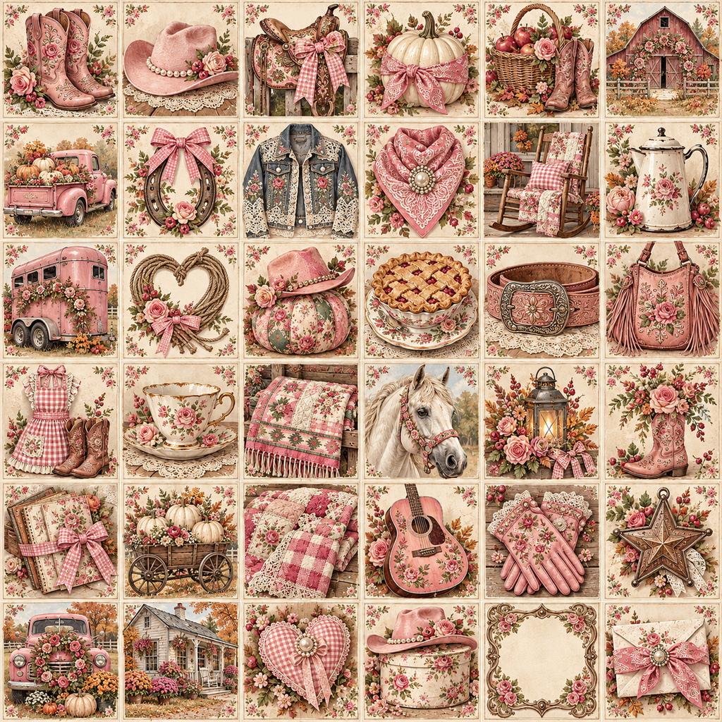 Pink cowgirl boots and hats, country cottages, a horse, guitar, quilts and romantic floral details.