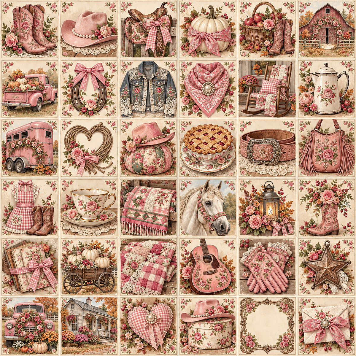 Pink cowgirl boots and hats, country cottages, a horse, guitar, quilts and romantic floral details.