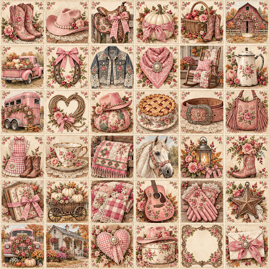 Pink cowgirl boots and hats, country cottages, a horse, guitar, quilts and romantic floral details.