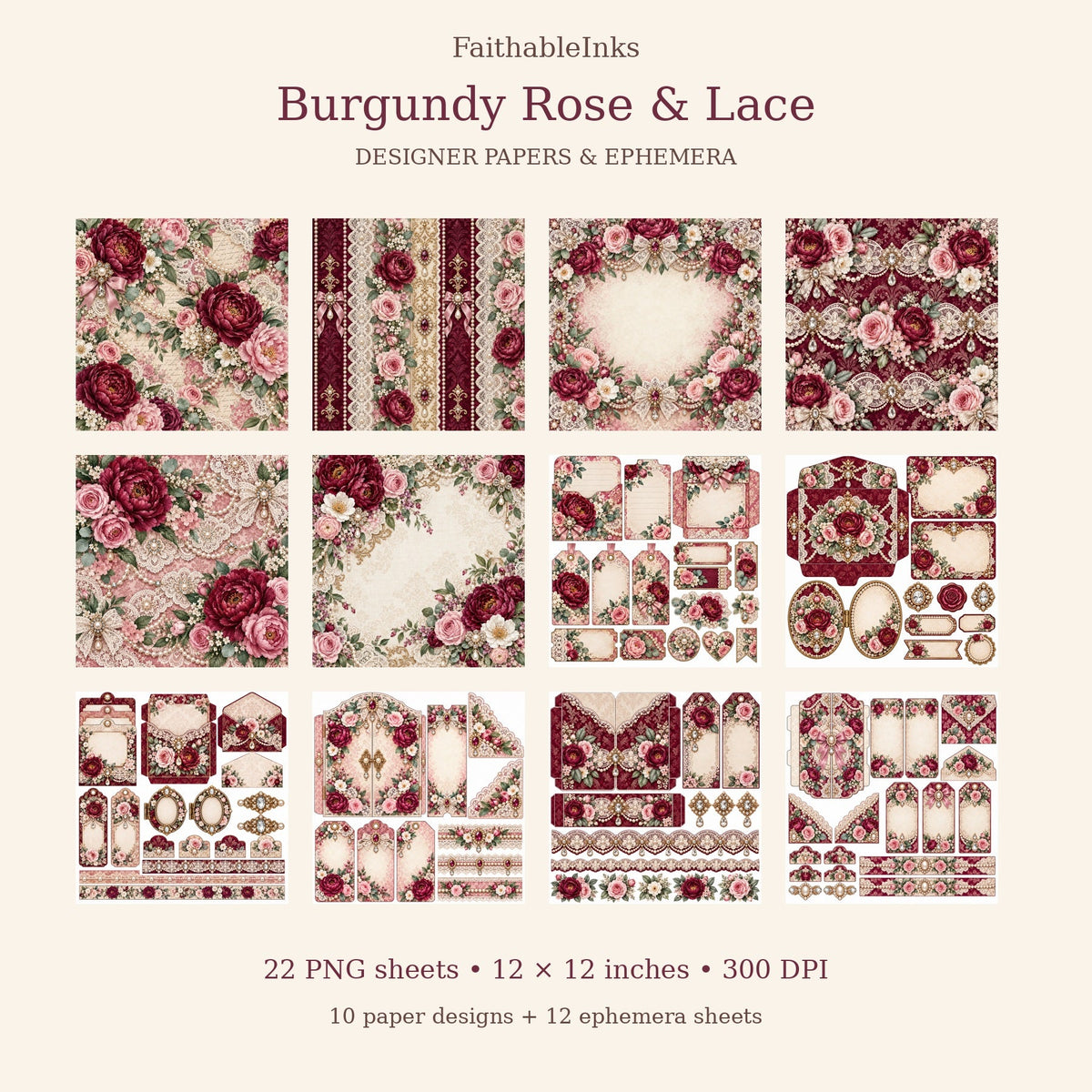 Selected designs from the 22-sheet Burgundy Rose and Lace designer paper and ephemera collection.