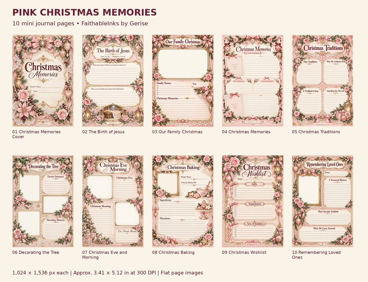 All 10 Pink Christmas Memories mini journal pages by FaithableInks, with roses, lace, pearls, and gold details.
